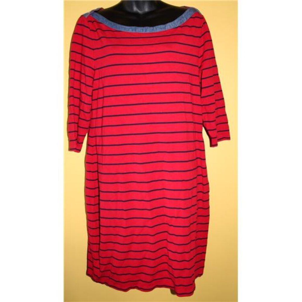 Tommy Hilfiger XL Red Knit Navy Striped Knee Length Dress 3/4 Slvs Chambray Trim